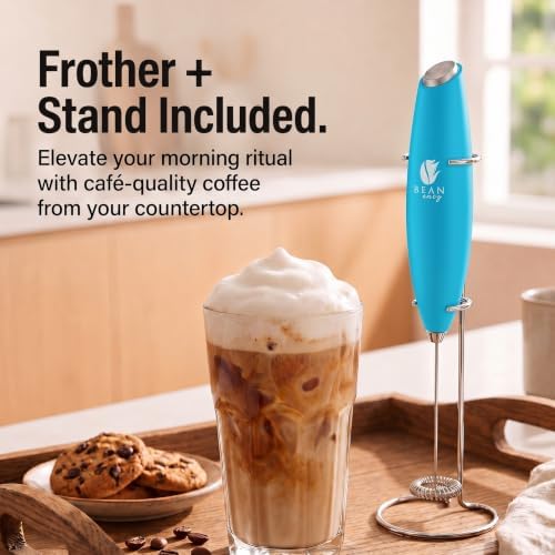 Bean Envy Milk Frother Handheld - Coffee Mixer Wand with Stand - Light Blue