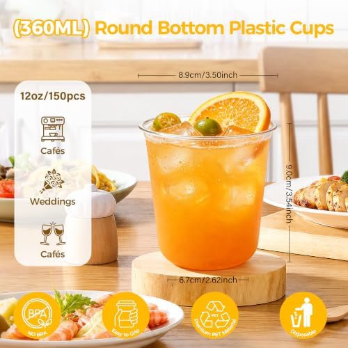 KesaPlan 150 Pcs 12oz Plastic Clear Cups, Disposable Wine Cocktail Glasses