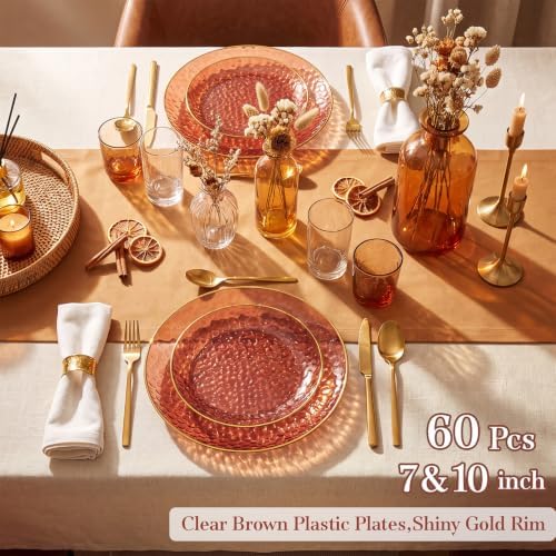 Rubtlamp 60Pcs Amber Plastic Plates - Brown Disposable Plates With Gold Rim, Clear Heavy-duty Party Plates, Hammered Plates Include 30 Dessert Platos, 30 Dinner Platos for Party