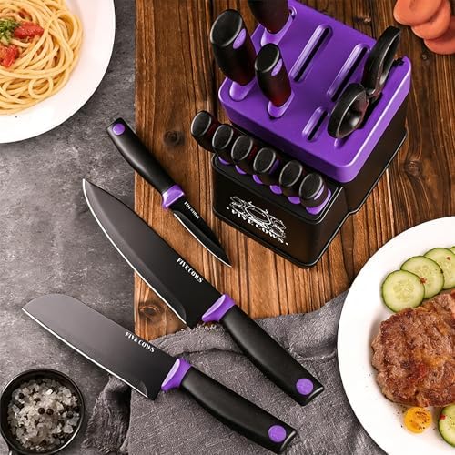 14 Pcs Kitchen Knife Block Set with Sharpener German High Carbon Stainless Steel Chef Knives, Razor-Sharp & Durable, Lightweight Anti-Slip Handle, Professional Set for Home & Kitchen (Purple)