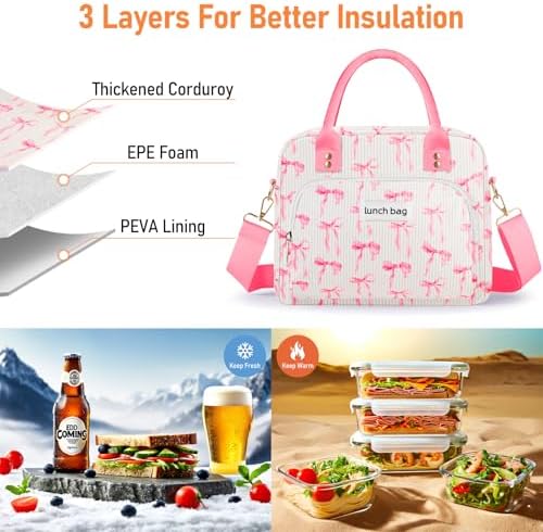 Lunch Bag Large Insulated Lunch Box for Women Adult Cute Pink Lunchbox Lunch Bags Boxes Pail with Shoulder Strap for Work Mom Picnic Office Travel 11.4×6.8×9.1 inches 11.5L (Pink Bow)