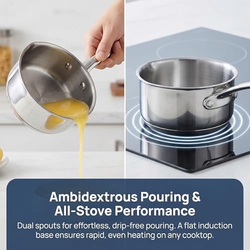 DEAYOU 18/10 Stainless Steel Butter Warmer Measuring Pan, 0.5-Quart Milk Warmer Pot with Dual Pour Spouts, 17OZ Small Sauce Pan for Stove Top, Chocolate Melting, Coffee Tea Soup Warming