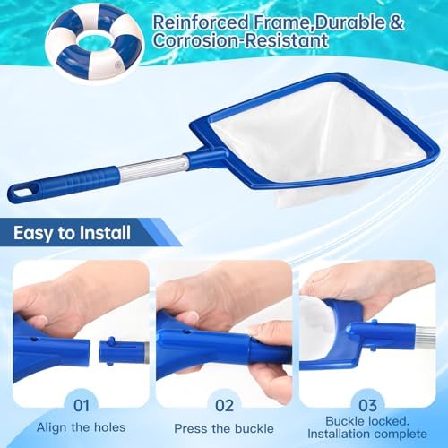 Pool Net, Professional Swimming Pool & Hot Tub Skimmer Net Accessories, Heavy Duty Pool Leaf Rake Cleaning Tool with Pole, Fine Nylon Mesh Bag Easy to Clean Bugs, Debris, Leaves (Blue&White