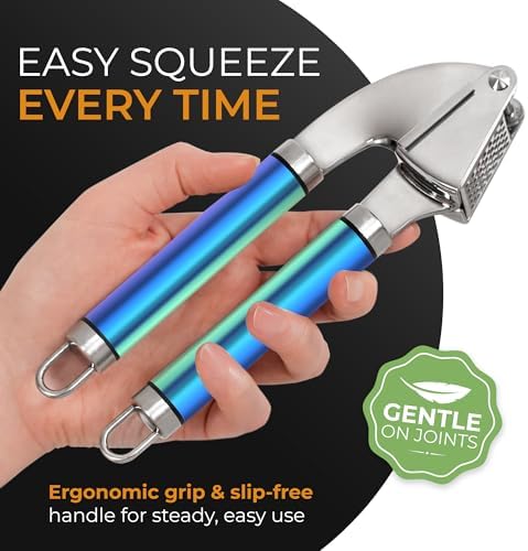 ORBLUE Garlic Press and Peeler Set, Stainless Steel - Professional Grade Mincer, Crusher - Dishwasher Safe & Rust-proof, Multi-colored