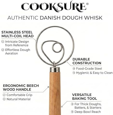 Danish Dough Whisk for Sourdough Bread – 13 Inch Bread Whisk with Wooden Handle – 304 Stainless Steel Hook for Heavy Dough Baking, Swedish Dough Whisk Tool