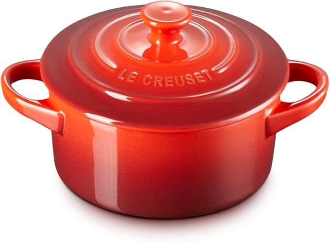 Le Creuset Stoneware Set of 4 Mini Cocottes with Cookbook, 8 oz. each, Cerise