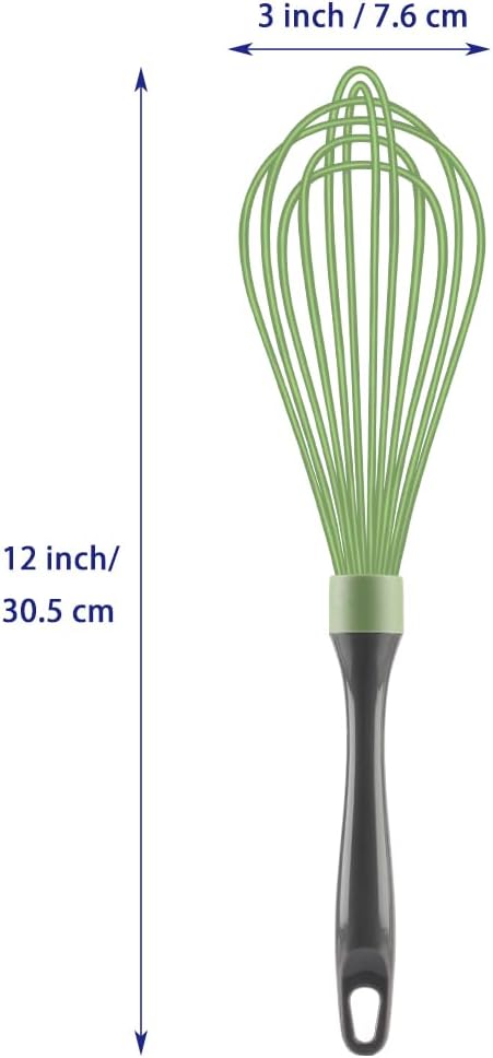 Green Silicone Whisk, Professional Plastic Whisks for Cooking Non-Scratch, Stainless Steel & Heat Resistant Rubber Wisk, Dishwasher Safe, 12-Inch