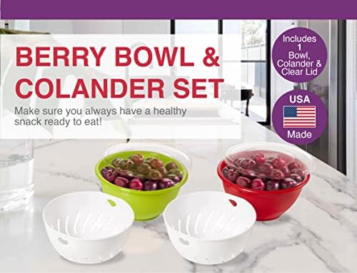 Arrow Berry Bowl & Berry Colander Set - Fruit Strainer Container with Lid - Rinse, Store & Serve - Dishwasher Safe, BPA Free - 1 Quart, Assorted Colors (Red or Green) - Made in USA