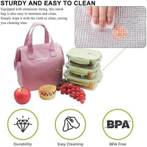 Mziart Insulated Lunch Bag Simple Cute Lunch Box for Women Men, Light Pink