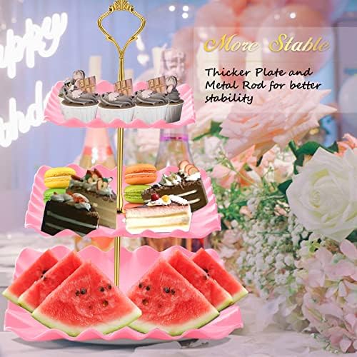 DAFURIET Plastic Dessert Cupcake Stand, 3 Tier Cupcake Tower Holder, Pink