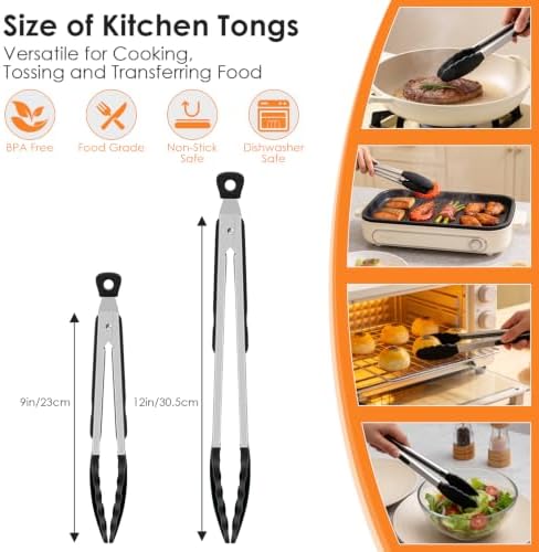 HOTEC Stainless Steel Kitchen Tongs with Silicone Tips, Set of 2-9" and 12"