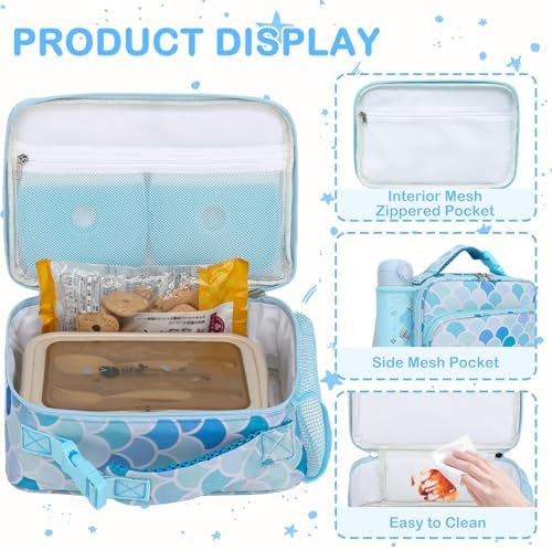 FlowFly Kids Lunch box with buckle Insulated Cooler Back to School Thermal Meal Tote Kit for Girls, Boys (Mermaid)