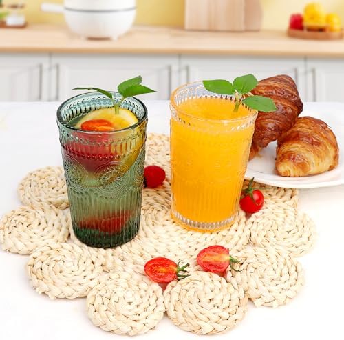 Loivttvv 6pcs Vintage Drinking Glasses Set, 12 oz Dark Green Highball Glasses, Embossed Ribbed Glassware Cups for Cocktail, Water, Juice, Coffee, Whiskey