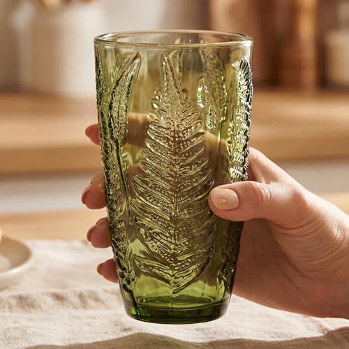 Green Drinking Glasses Set of 8, 16 oz Glass Cups, Vintage Fern Glassware