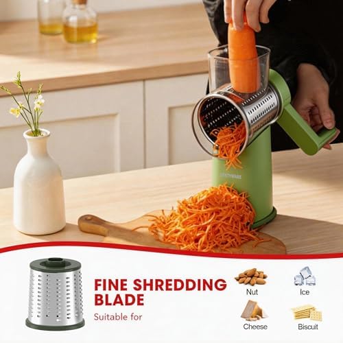 Rotary Cheese Grater Hand Crank with Foldable Handle, Three Blades