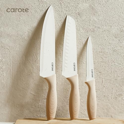 CAROTE 12PCS Knife set with Blade Guards,Granite Nonstick Ceramic Coating,Stainless Steel blade, Anti-Slip Handle, Essential Knives, Rustproof, White (Pack of 2)
