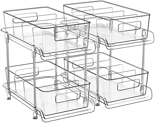HIHEGD 2-Tier Bathroom Organizer with Dividers, Clear Under Sink and Pull-Out Cabinet Organizer for Kitchen and Pantry Storage