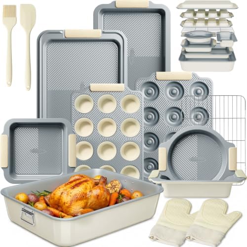 Kikcoin 25-Piece Nonstick Baking Pans Set with Large Turkey Roasting Pan, Stackable Bakeware Set, 450°F Oven Safe Baking Sheet Set with Silicone Handles, Carbon Steel Cookie Sheets for Baking, Cream