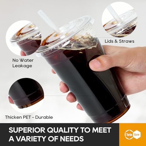 Turbo Bee 200 Sets 24 OZ Clear Plastic Cups with Lids and Straws, Disposable To Go Iced coffee cups with lids for Cold Drinks, Smoothie, and Slushie