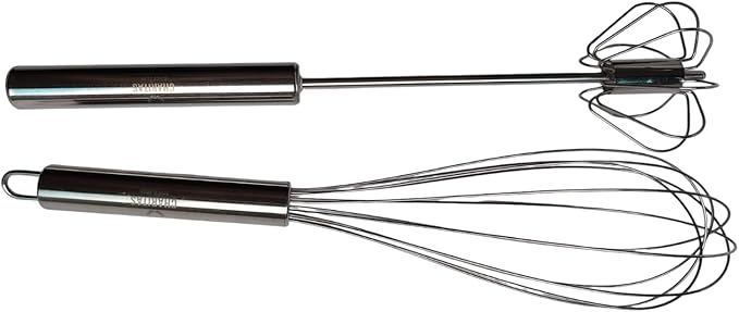 12'' Egg Whisk Combo - Stainless Steel Manual Balloon whisk and Semi-Automatic Whisk, Egg Beater, Hand Push Rotary - Mixing, Frothier, Stirring baking/beating eggs, Durable, Easy-Grip/Heat-Resistant.