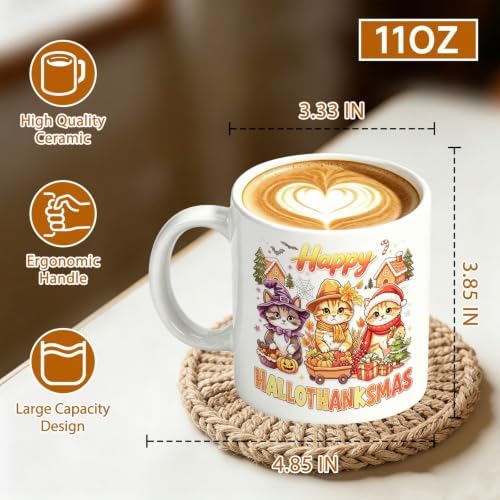 Happy Hallothanksmas Cute Cats Coffee Mug,11oz Fall Autumn Cup