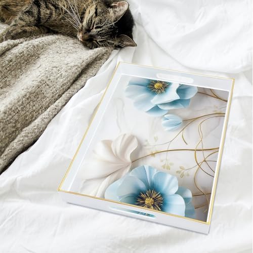 Serving Tray with Handles, 15.7 * 11.8 inches, Plastic Ottoman Tray with Exquisite Paintings, Trays for Coffee Table