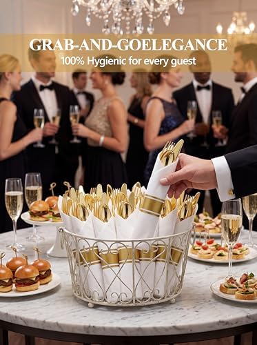 Supernal 30 Pack Pre Rolled Gold Plastic Silverware, Linen Feel Napkins