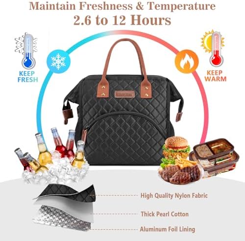LOKASS Lunch Bag Insulated Lunch Box Wide-Open Lunch Tote Bag with Removable Shoulder Strap for Women/Men Adults Work Picnic Hiking Beach Fishing(Black)