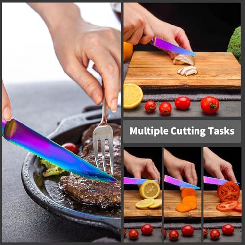 WELLSTAR Steak Knives Set of 8 with Wood Block, 4.75 Inch Rainbow Serrated Steak Knife Set, Razor Sharp German Stainless Steel with Full Tang Handle, Space Saving Steak Knife Set