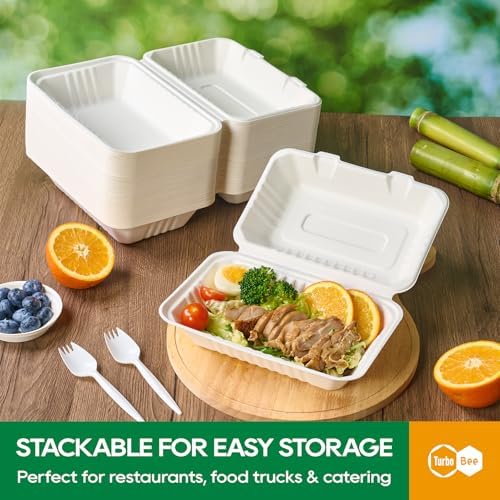 Turbo Bee 75 Pack White Compostable Take Out Containers, 9x6 Disposable Food Containers with Lids, Heavy Duty Clamshell To Go Boxes for Restaurant, Catering, Meal Prep & Lunch