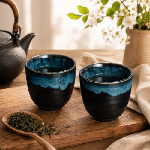 Ceramic Japanese Tea Cups, 5 oz Tea Cup, Asian Teacup, Teacups, Set of 2 (Nebula Blue, 2 pcs)