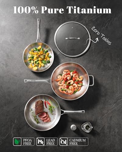Titanium Wok pans for cooking,13in Pure Titanium Hammered Pro pans, Non Stick Skillet for Cooking, Non-Toxic, PFAS/PFOA/PTFE Free Cookware, Dishwasher&Oven Safe, Kitchen Induction Compatible