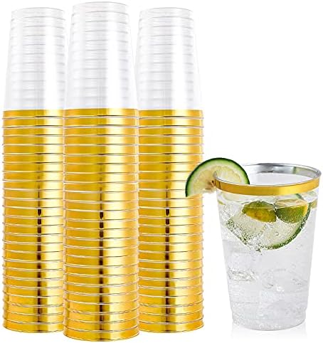 FOCUSLINE 100 Pack 12 oz Gold Rimmed Plastic Cups, 12 Ounce Clear Plastic Tumblers, Heavy-duty & Fancy Disposable Hard Cups with Gold Rim for Wedding