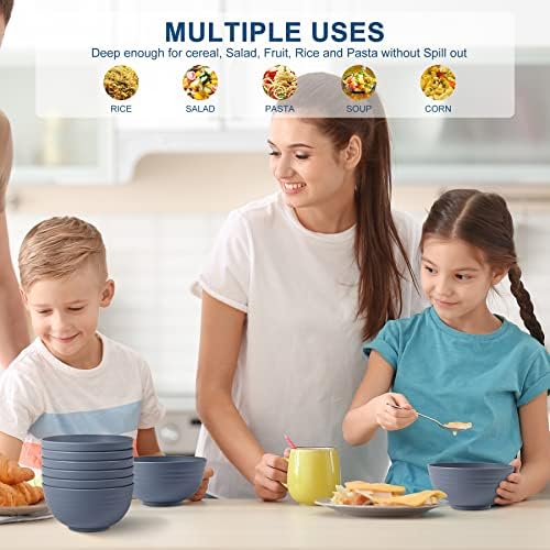 HOTEC 8-Pack 26oz BPA Free Wheat Straw Cereal Plastic Bowls, Classic Blue