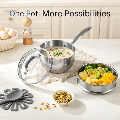 Tri-Ply Stainless Steel Sauce Pan, 2.5 Qt Saucepan with Steamer