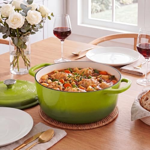 NEWBULIG Cast Iron Dutch Oven, 6 Quart Enamel Dutch Oven Pot with Lid, Heavy Duty Cookware for Sourdough Bread, Braising, Stews, Roasting, Safe up to 500°F, Green
