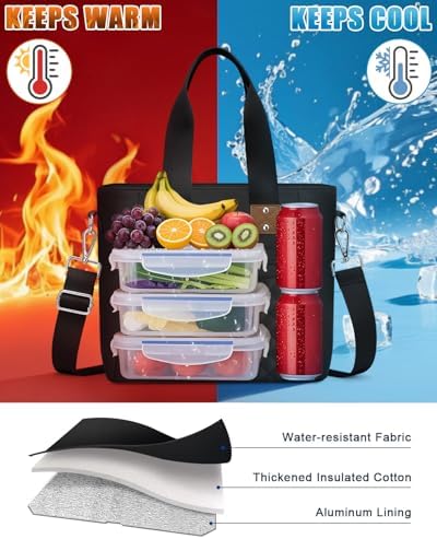 Capolo Lunch Bag for Women,Large Insulated Lunchbox Tote Reusable,L-Black