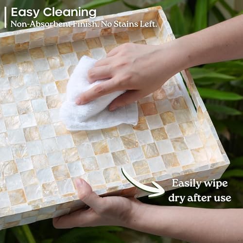 CHI AN HOME 16"x12" Capiz Shell Decorative Serving Tray with Handles, Ivory