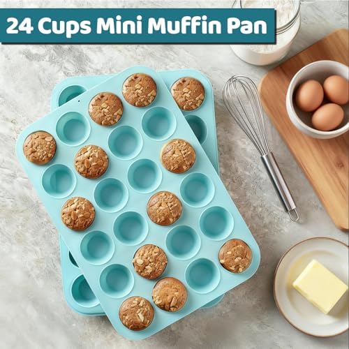 CAKETIME Silicone Mini Muffin Pan, 2 Pack 24 Cups Nonstick Mini Cupcake Pan for Baking Muffin, Cupcake, Egg Bites, Fat Bomb