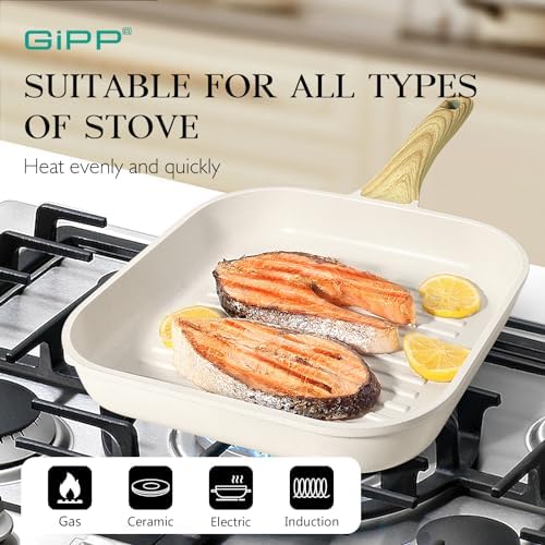 GiPP Nonstick Grill Pan for Stove Tops - 11 Inch Square Grilling Pan for Indoor Cooking & Outdoor Grilling, Non Stick Granite Grill Skillet Steak Pan, PFOA Free, White