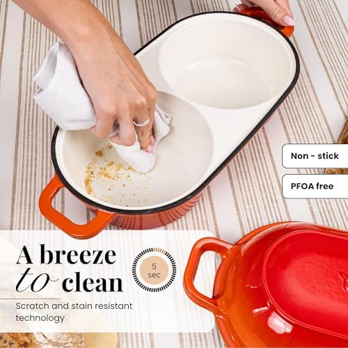 Dutch Oven For Sourdough Bread Baking – Enamelled Cast Iron Bread Loaf Pot – 500°F Oven Safe Non Stick Bread Pot – Double Round Loaf Space, 16.5cm Diameter, Orange, – by Nuovva
