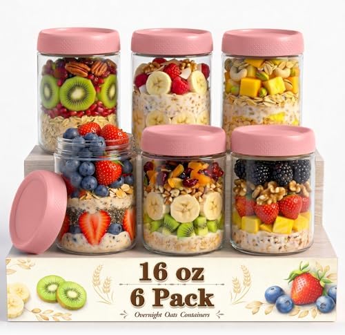 16 oz Overnight Oats Containers with Lids, Wide Mouth Mason Jars with Lids