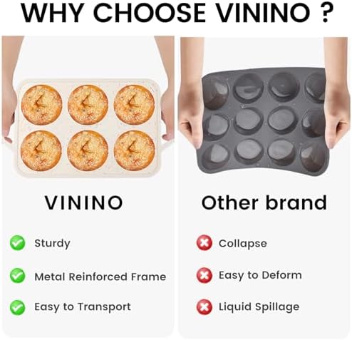 Vinino Jumbo Muffin Pan with Metal Reinforced Frame-2Pack, Silicone Cupcake Pan for Baking 6 Cup Jumbo Size, BPA Free Silicone Muffin Tray, Cupcake Baking Pan Molds for Oven Dishwasher Safe-Cream
