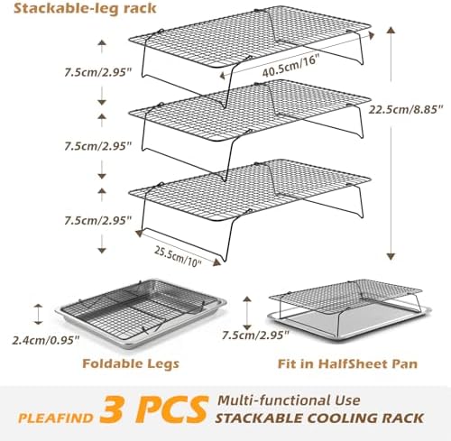Pleafind 3 Pieces Stackable Cooling Rack - 16 x 10 Inch Wire Rack, 0.43" Dense-Grid Cooling Racks for Cooking, Baking, Roasting, Grilling, Oven and Dishwasher Safe, Black