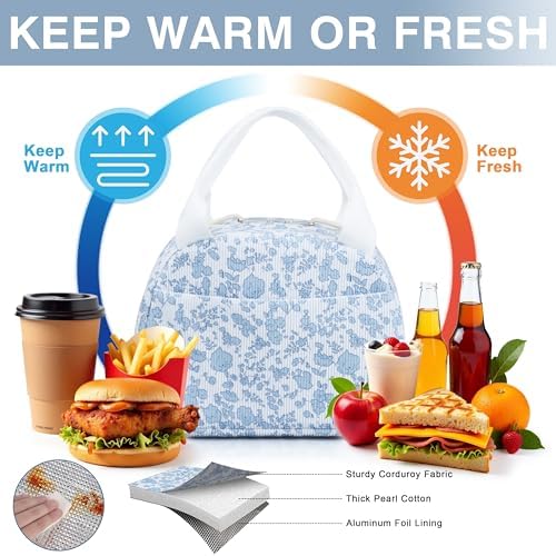 TESAFNG Lunch Bag - Insulated Lunch Box for Women, Reusable Large Capacity Cooler Bag for Adult, Small Leakproof Cute Corduroy Lunch Tote for Work Office Travel Picnic (Corduroy Blue-Flower)