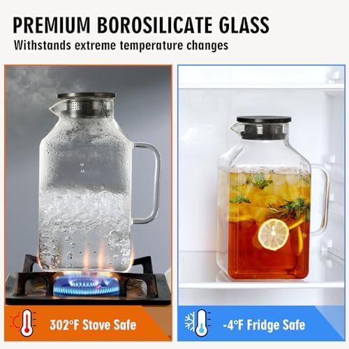 1 Gallon Square Glass Pitcher with Lid and Spout, Borosilicate Glass Carafe for Hot/Cold Drink, Water Pitchers with Handle for Fridge, Extra Large Jug for Iced Tea, Coffee, Juice, Beverage, Black