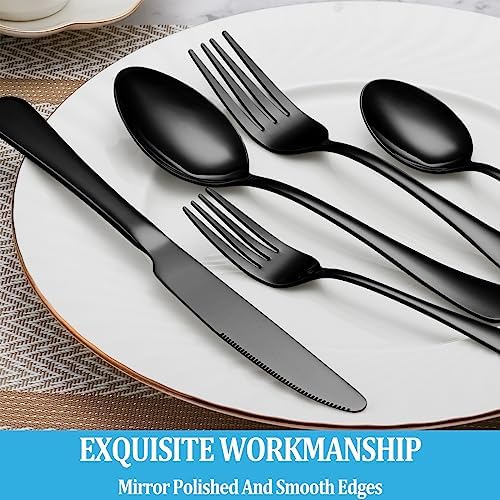 20 Pcs Black Silverware Set, Stainless Steel Flatware Set Service for 4, Mirror Polished Cutlery Utensil Set, Durable Home Kitchen Eating Tableware Set, Include Fork Knife Spoon Set, Dishwasher Safe