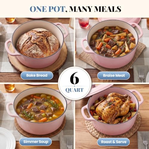 DUMOS Cast Iron Dutch Oven, 6 Quart Pot with Lid, Enameled Heavy Duty Cookware, Oven Safe to 500°F, Perfect for Bread Baking, Stews and Roasting, Moisture Sealing Lid with Dual Handles, Gradient Pink