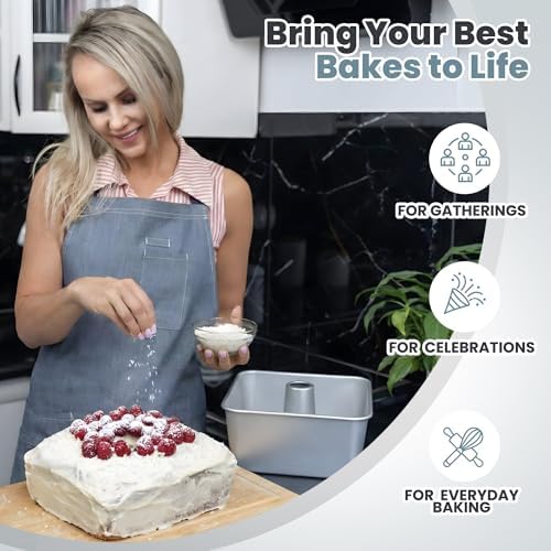 One-Piece Square Tube Cake Pan, 18 Cup, Anodized Aluminum, 9 x 9 x 4.5 in, Seamless Design, Easy Release, Even Heat, for Angel Food, Chiffon, Sponge, Mile High & Pound Cakes