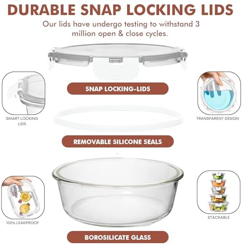 Razab 30 PC Glass Food Storage Containers with Lids - Reusable Glass Meal Prep Containers for Lunch and Leftovers - Airtight & Leakproof Snap Locking Lids - Oven, Freezer, Microwave, Dishwasher Safe